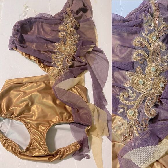 Kelle custom solo 2 piece look leotard Dance Costume purple gold faux leather SA - Picture 1 of 10